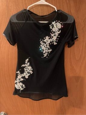 NWT Adult XS Custom Black Embellished Short Sleeve Mesh Top